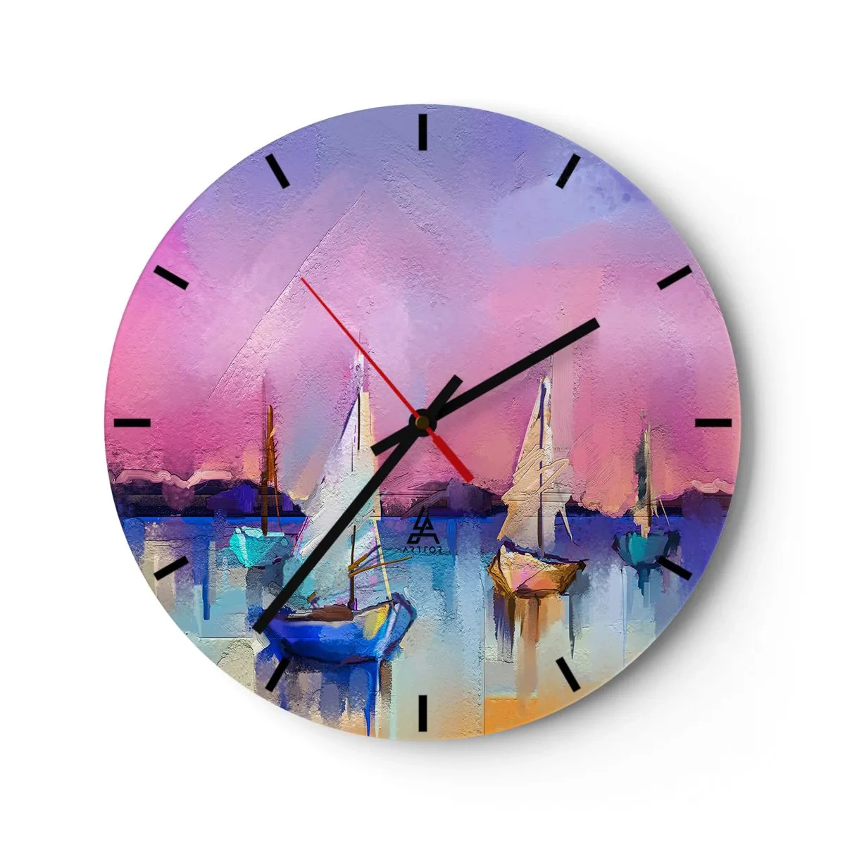 Relógio de parede - Relógio em vidro - Marina abstrata com veleiros em tons pastel - 30x30cm - Direção: águas largas - Decoração de parede moderna para a sala de estar, cozinha e quarto ARTTOR