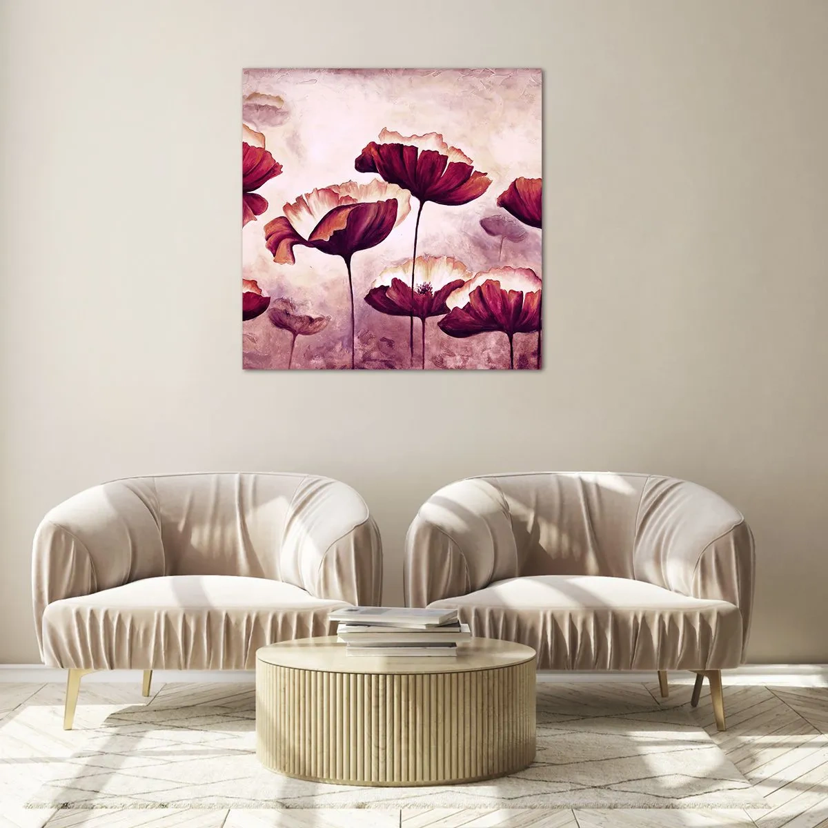 Quadro em vidro - Pétala vermelha e branca - 60x60 cm