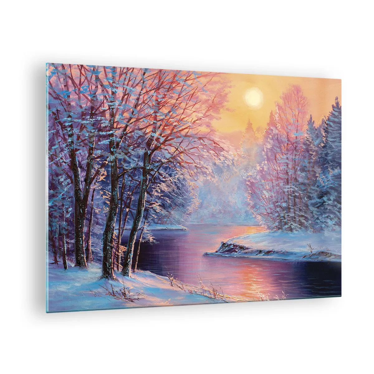 Quadro em vidro - Paisagem de inverno com um rio e um pôr do sol - 70x50cm - Cores do inverno - Decoração de parede moderna para a sala de estar e quarto ARTTOR