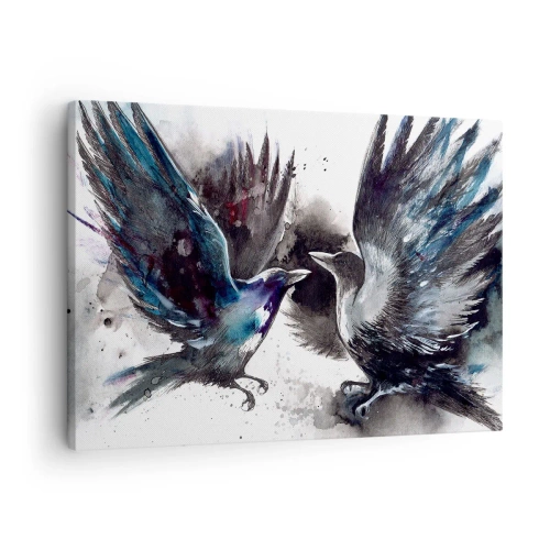 Quadro em tela - Corvos artísticos em uma composição dinâmica de aquarela - 70x50cm - De corvo a corvo... - Decoração de parede moderna para a sala de estar e quarto ARTTOR