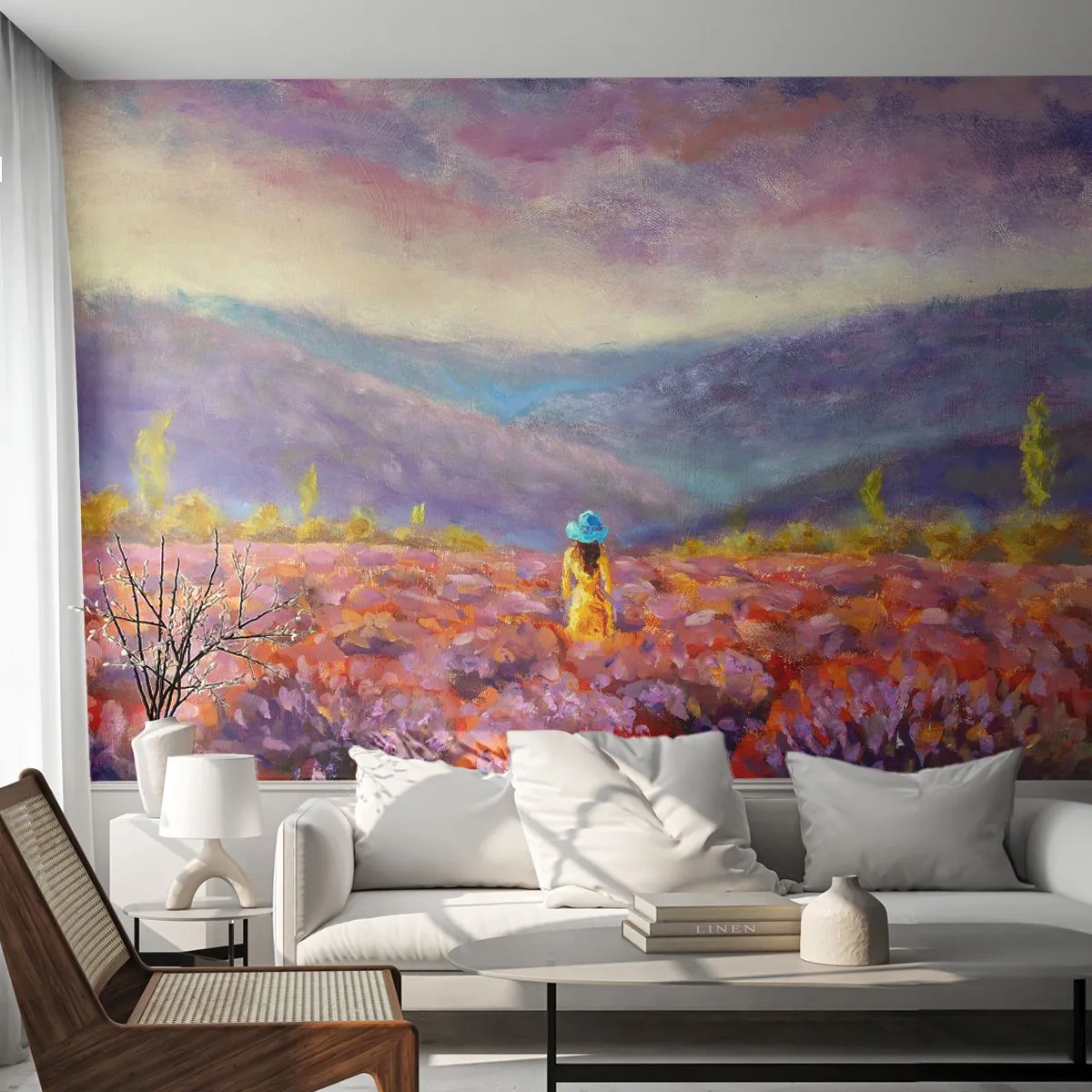 Papel de Parede Premium Sand - No mundo da lavanda - Paisagem, Mulher, Campo de Lavanda - 500x350 cm