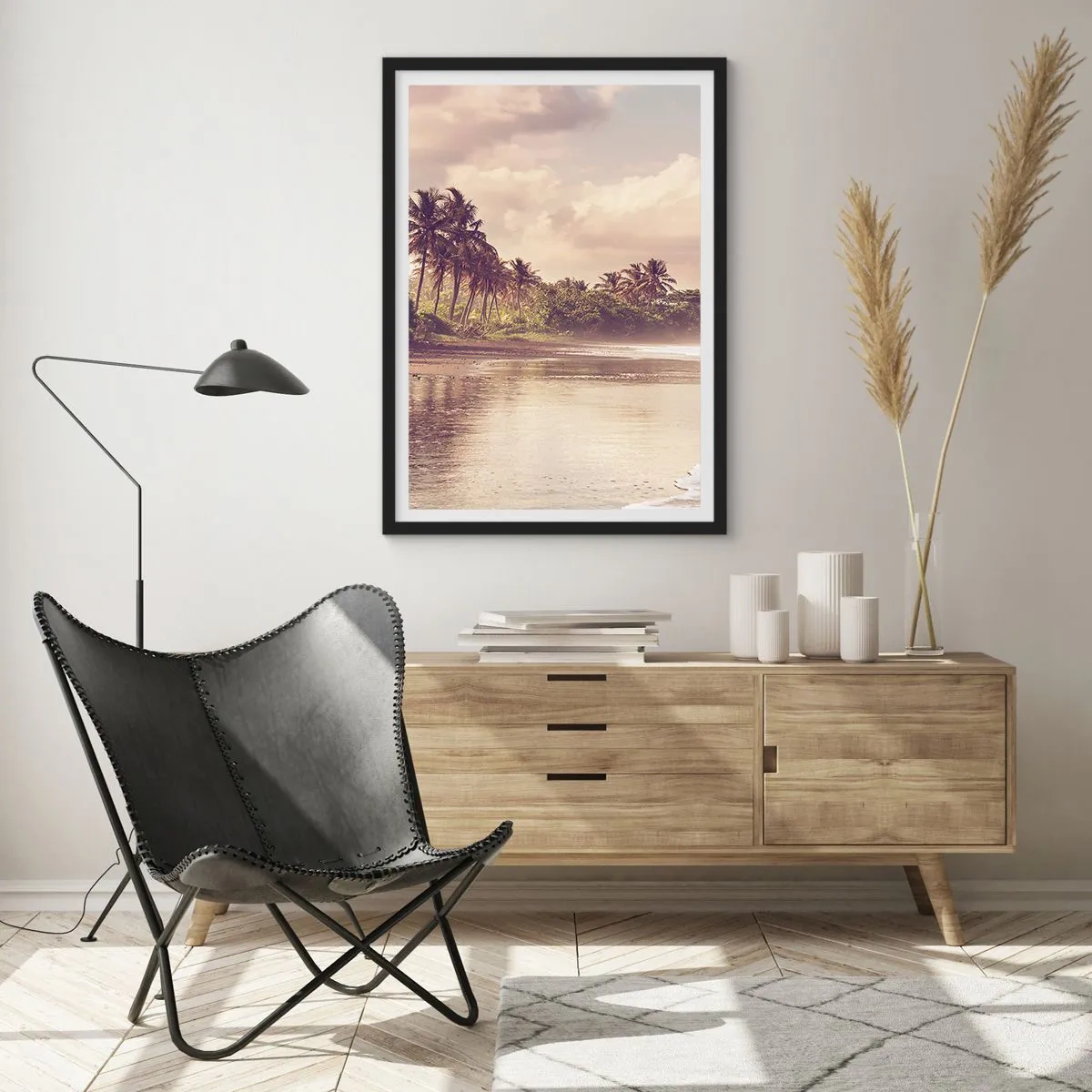 Pôster com moldura preta - Praia tropical ao pôr do sol com palmeiras - 50x70cm - Carícia das ondas - Decoração de parede moderna para a sala de estar e quarto ARTTOR