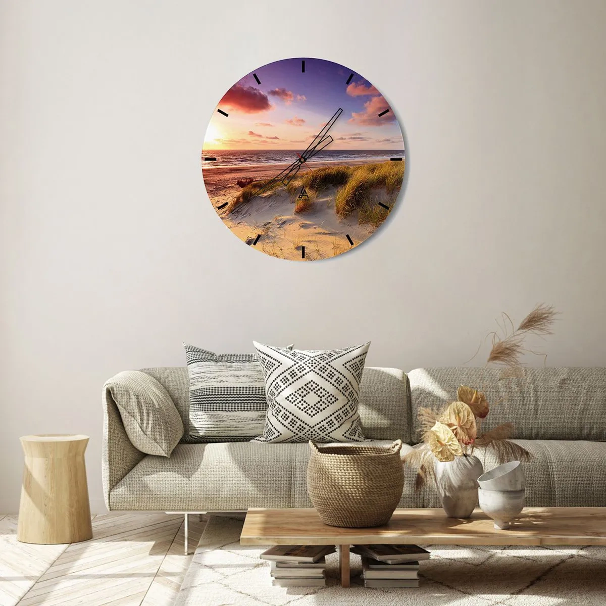 Relógio de parede - Relógio em vidro - Uma praia com dunas e um pôr do sol dourado sobre um mar calmo - 30x30cm - Ar com cheiro de verão - Decoração de parede moderna para a sala de estar, cozinha e quarto ARTTOR