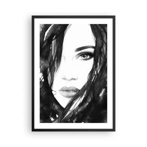 Pôster com moldura preta - Aquarela em preto e branco de um rosto de mulher - 50x70cm - Retrato de uma dama a preto e branco - Decoração de parede moderna para a sala de estar e quarto ARTTOR