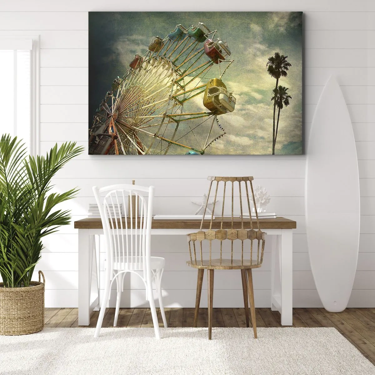 Quadro em tela - Foto retrô de uma roda gigante com palmeiras contra o céu - 70x50cm - Será divertido… - Decoração de parede moderna para a sala de estar e quarto ARTTOR