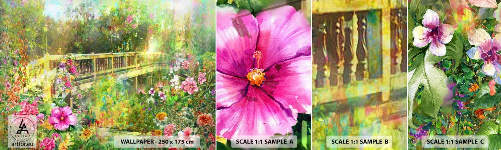 Amostra de papel de parede autocolante Deluxe Sticker - A ponte dos suspiros da primavera - Paisagem, Flores, Jardim - 100x30 cm