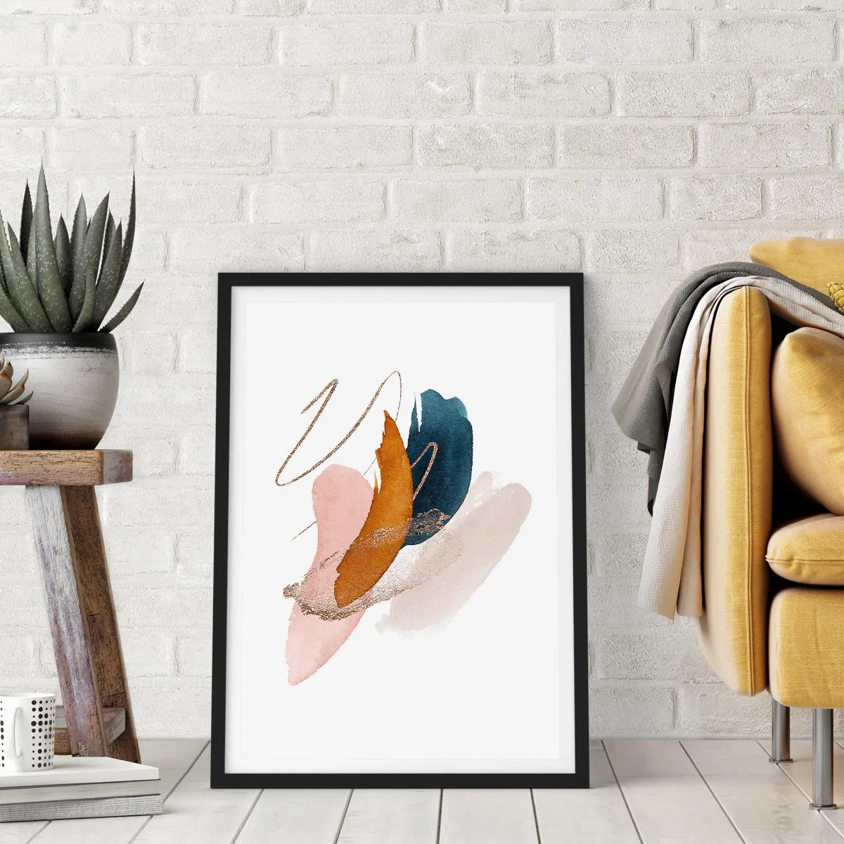 Pôster com moldura preta - Abstração delicada em tons pastéis - 50x70cm - Composição alada - Decoração de parede moderna para a sala de estar e quarto ARTTOR