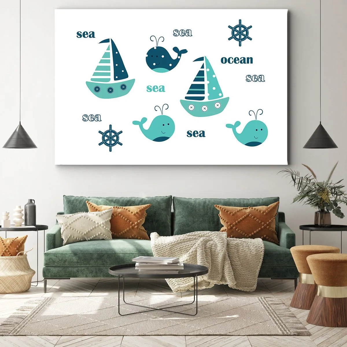 Quadro em tela - Motivos náuticos encantadores com baleias e veleiros - 70x50cm - Através dos mares e oceanos - Decoração de parede moderna para a sala de estar e quarto ARTTOR