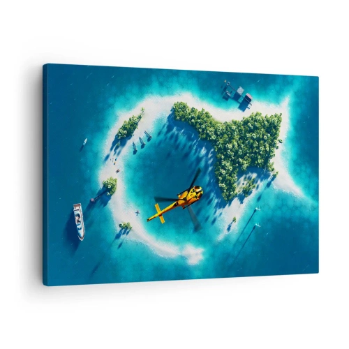 Quadro em tela - Uma ilha tropical cercada por águas azul-turquesa com um helicóptero à vista - 70x50cm - Compre uma ilha para si - Decoração de parede moderna para a sala de estar e quarto ARTTOR
