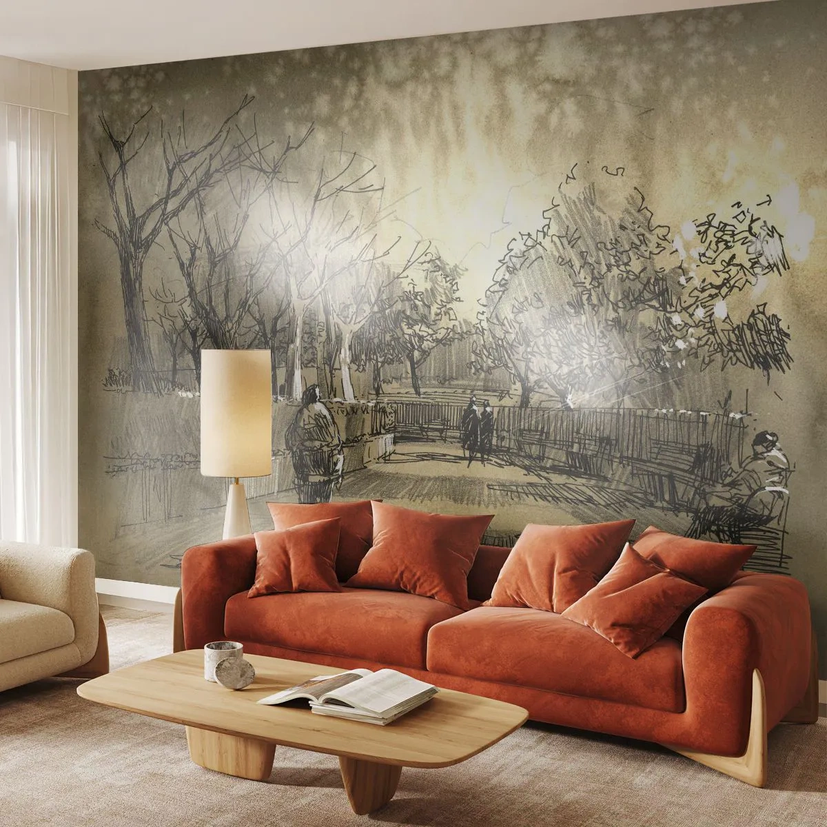 Papel de Parede Standard Eco - Paisagem esboçada de parque em tons quentes de sépia com figuras - 100x70cm - Um momento capturado por uma pena - Decoração de parede moderna para a sala de estar e quarto ARTTOR