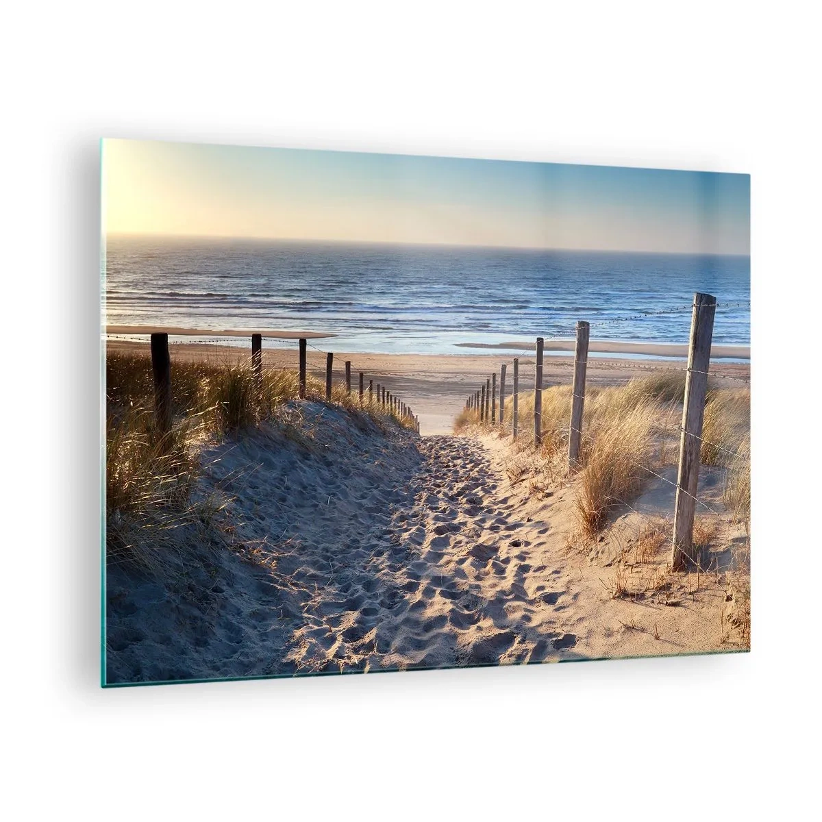 Quadro em vidro - Um caminho pelas dunas que leva a uma praia de mar calmo - 70x50cm - O som do mar, o canto dos pássaros, a praia selvagem entre a relva... - Decoração de parede moderna para a sala de estar e quarto ARTTOR