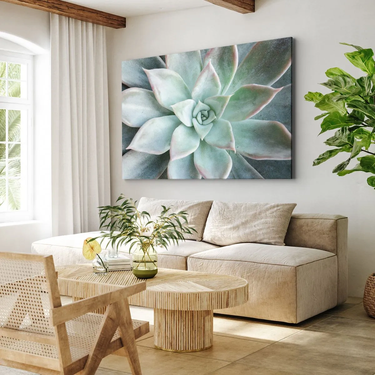 Quadro em tela - Close-up de uma suculenta verde - 70x50cm - O coração do deserto - Decoração de parede moderna para a sala de estar e quarto ARTTOR