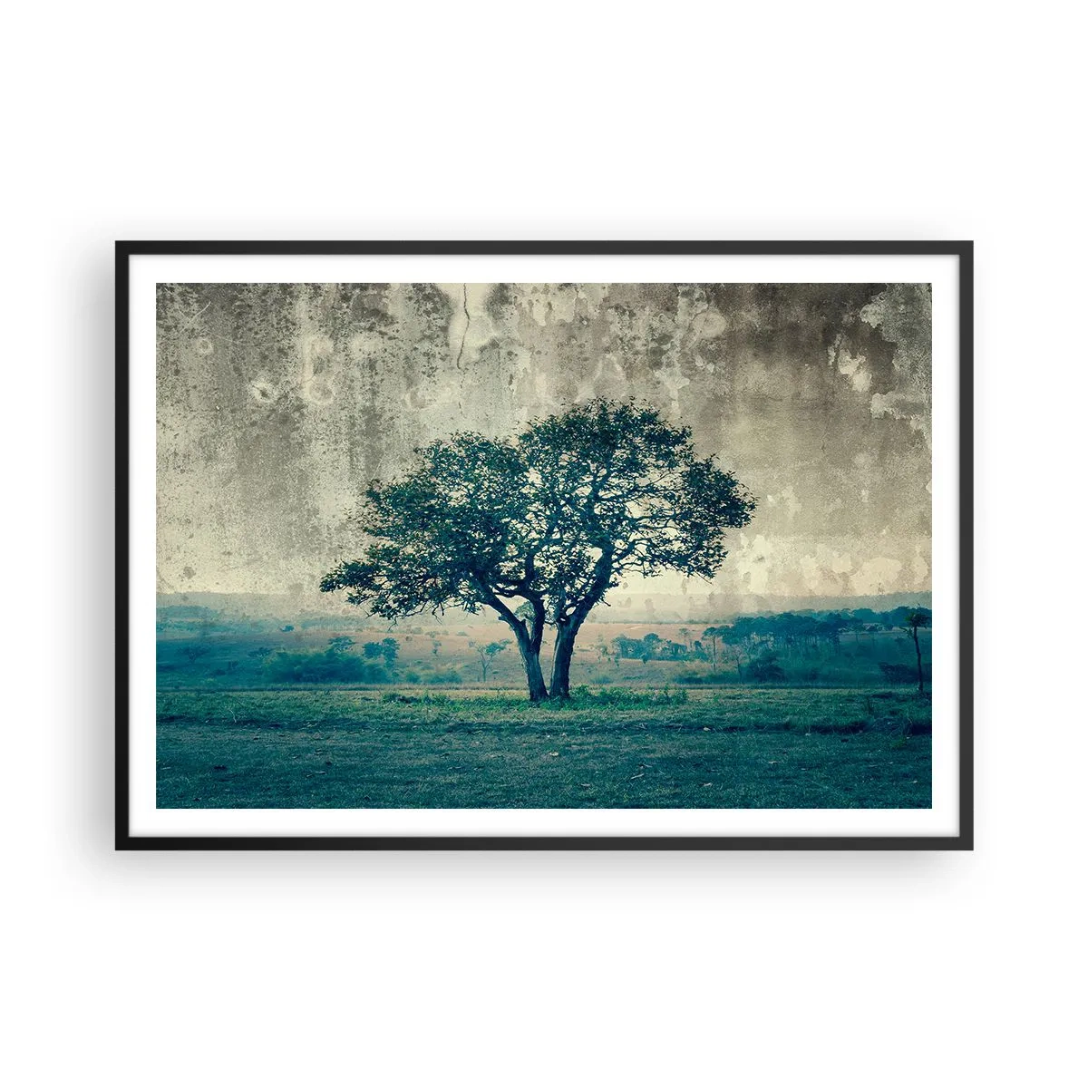 Pôster com moldura preta - Uma macieira num prado azul? - 100x70 cm