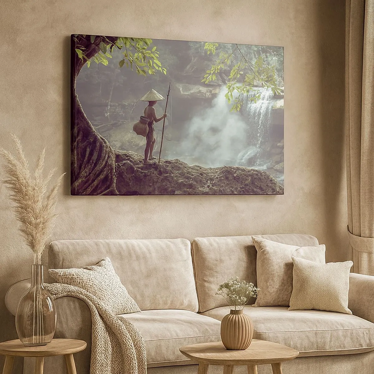 Quadro em tela - Uma figura com uma lança em uma cachoeira em uma floresta tropical - 70x50cm - Amigo da natureza - Decoração de parede moderna para a sala de estar e quarto ARTTOR