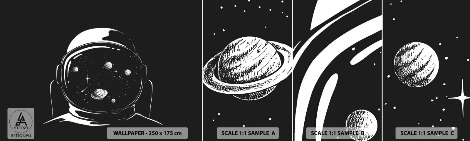 Amostra de papel de parede autocolante Deluxe Sticker - Bela Vista - Astronauta, Cosmos, Universo - 100x30 cm