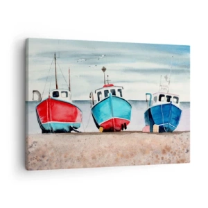 Quadro em tela - Barcos de pesca coloridos na costa em uma paisagem marinha - 70x50cm - Pronto para pescar - Decoração de parede moderna para a sala de estar e quarto ARTTOR