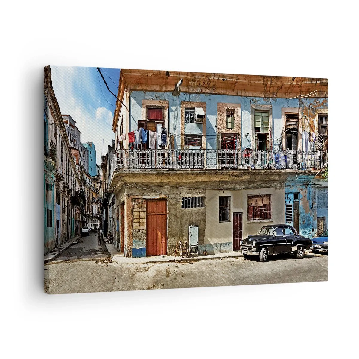 Quadro em tela - Casas coloridas e um carro clássico na paisagem urbana - 70x50cm - Vibrações de Havana - Decoração de parede moderna para a sala de estar e quarto ARTTOR