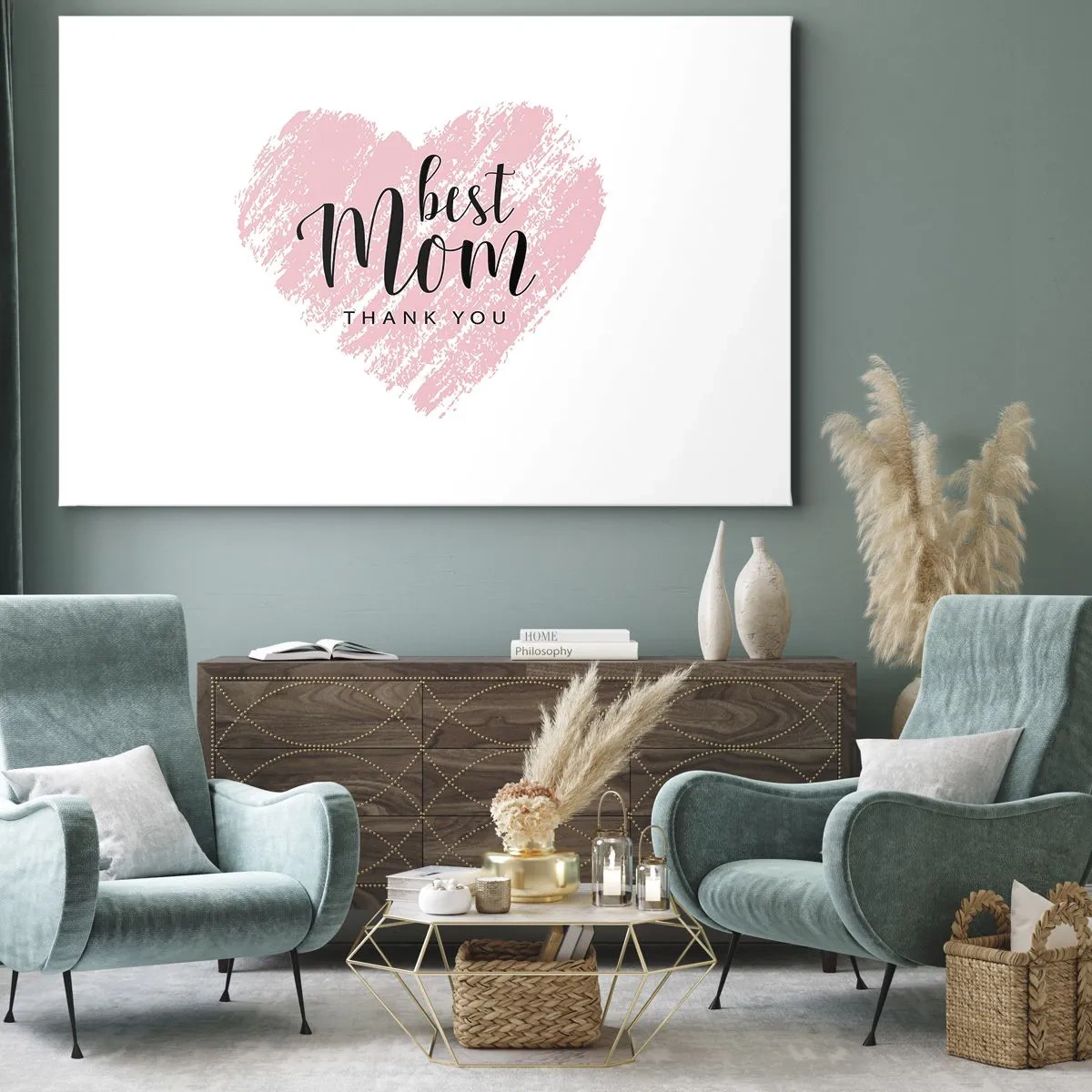 Quadro em tela - Coração rosa com as palavras "Melhor Mãe, Obrigado" em um fundo branco - 70x50cm - Sempre o momento certo - Decoração de parede moderna para a sala de estar e quarto ARTTOR