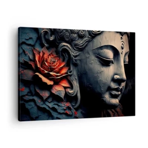 Quadro em tela - Escultura de Buda com uma flor de lótus vermelha - 70x50cm - Em harmonia com o mundo - Decoração de parede moderna para a sala de estar e quarto ARTTOR