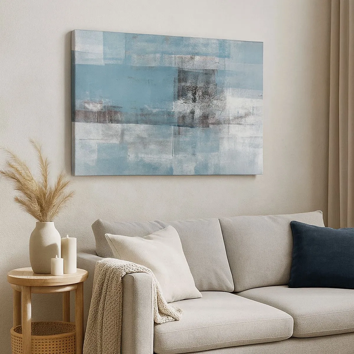 Quadro em tela - Uma composição abstrata em tons de azul com textura e camadas. - 70x50cm - Água e ar - Decoração de parede moderna para a sala de estar e quarto ARTTOR