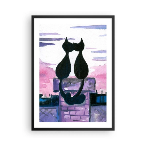 Pôster com moldura preta - Dois gatos pretos contra um céu rosa-púrpura - 50x70cm - Rendez-vous sob a lua - Decoração de parede moderna para a sala de estar e quarto ARTTOR