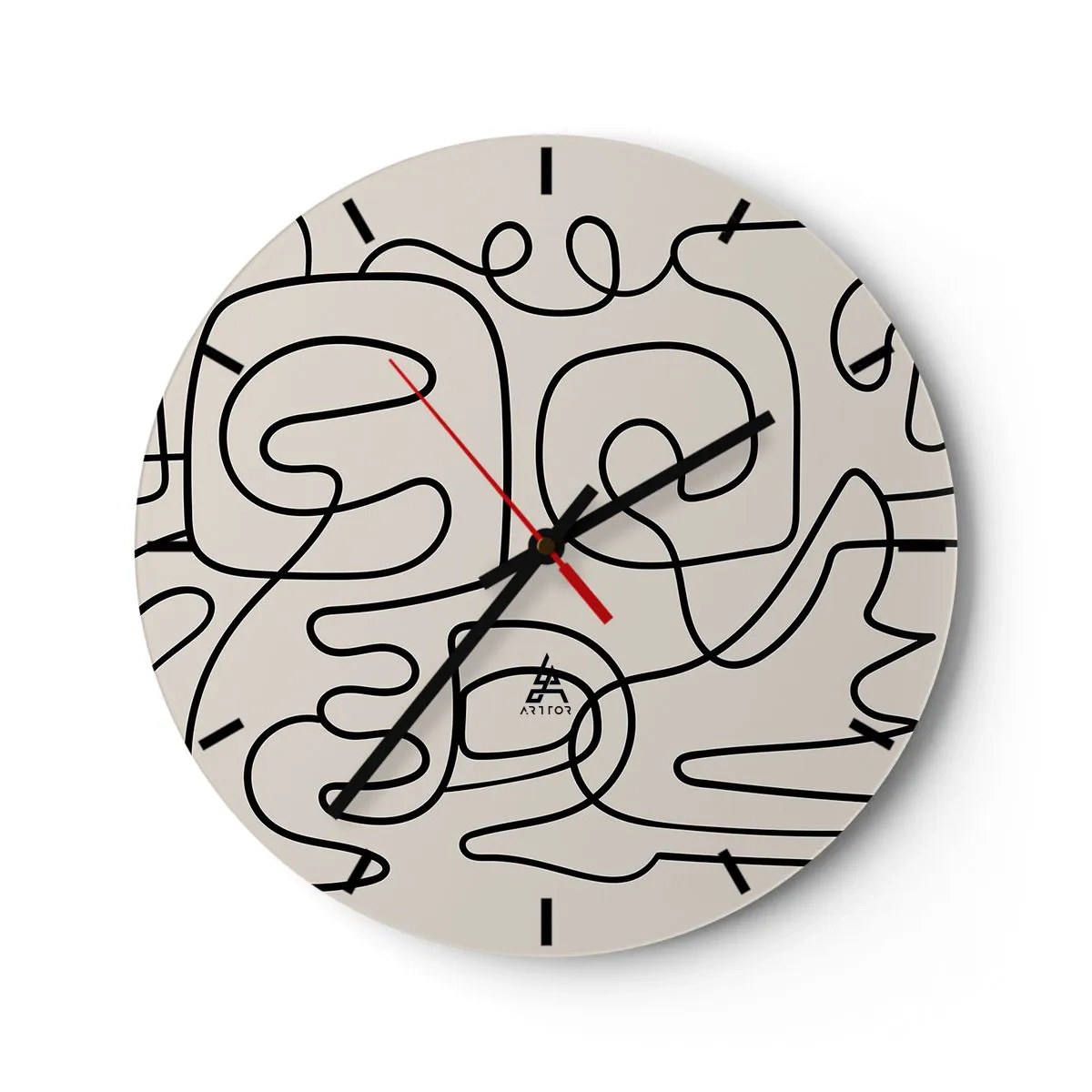 Relógio de parede - Relógio em vidro - Linhas pretas abstratas em um fundo claro em um estilo moderno - 30x30cm - Na trilha - Decoração de parede moderna para a sala de estar, cozinha e quarto ARTTOR