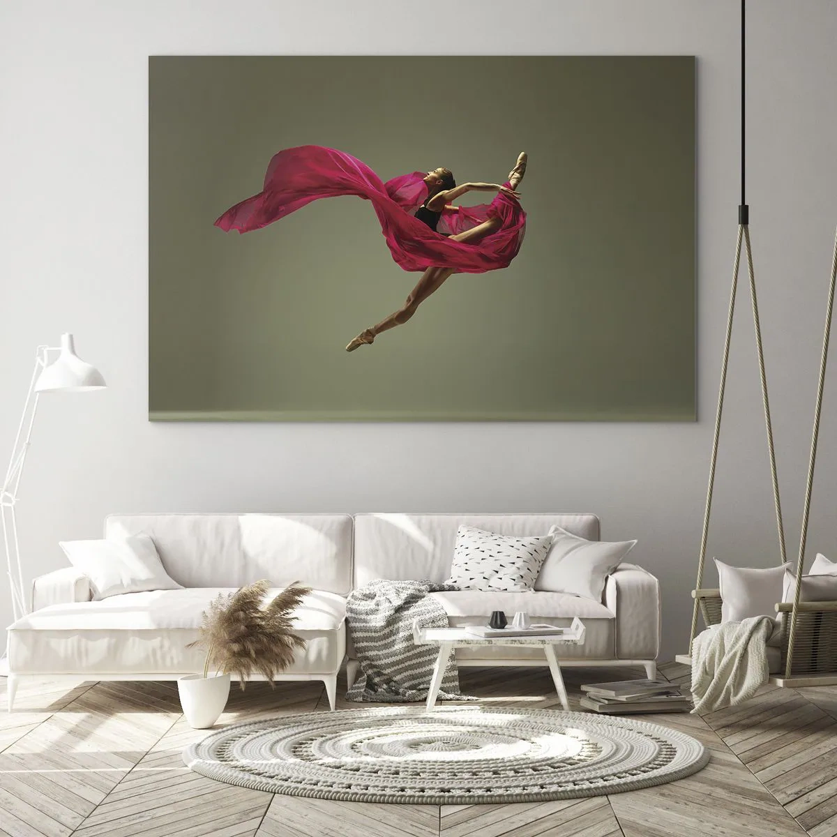 Quadro em vidro - Uma dançarina em voo com um tecido fúcsia esvoaçante - 70x50cm - Chama dançante - Decoração de parede moderna para a sala de estar e quarto ARTTOR