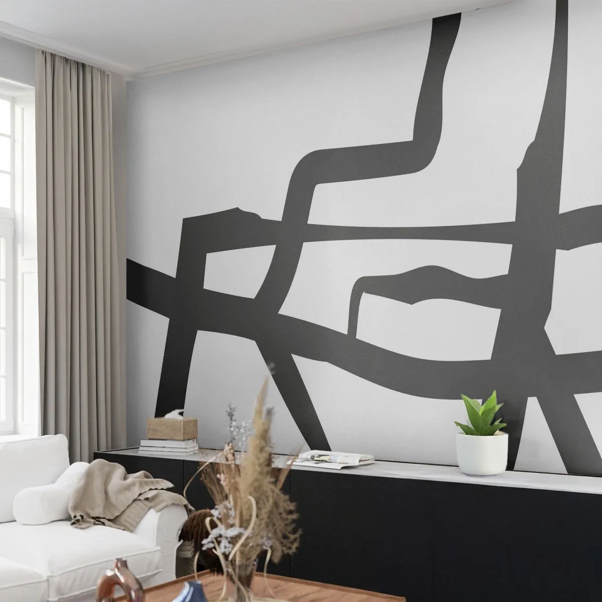 Papel de Parede Premium Sand - Projeto preto e branco - Linha, Preto e branco, Abstracionismo - 100x70 cm
