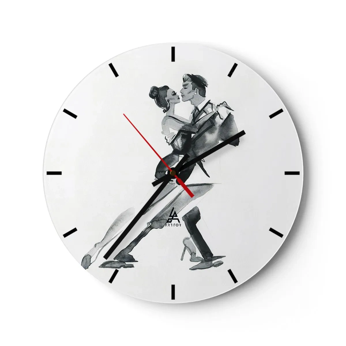 Relógio de parede - Relógio em vidro - Um casal dançando em uma pose elegante em um fundo branco - 30x30cm - Num só ritmo - Decoração de parede moderna para a sala de estar, cozinha e quarto ARTTOR