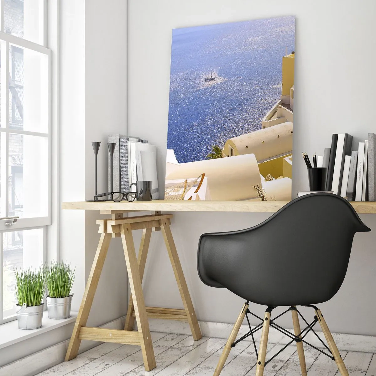 Quadro em vidro - Paisagem grega em branco e azul - 50x70 cm