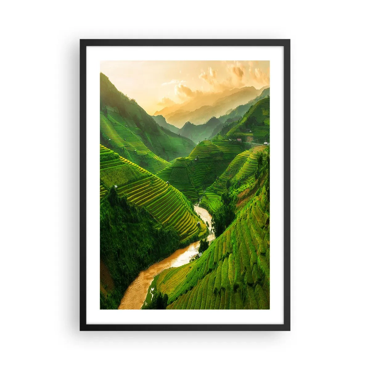 Pôster com moldura preta - Terraços de arroz pitorescos em um vale verde - 50x70cm - Vale vietnamita - Decoração de parede moderna para a sala de estar e quarto ARTTOR