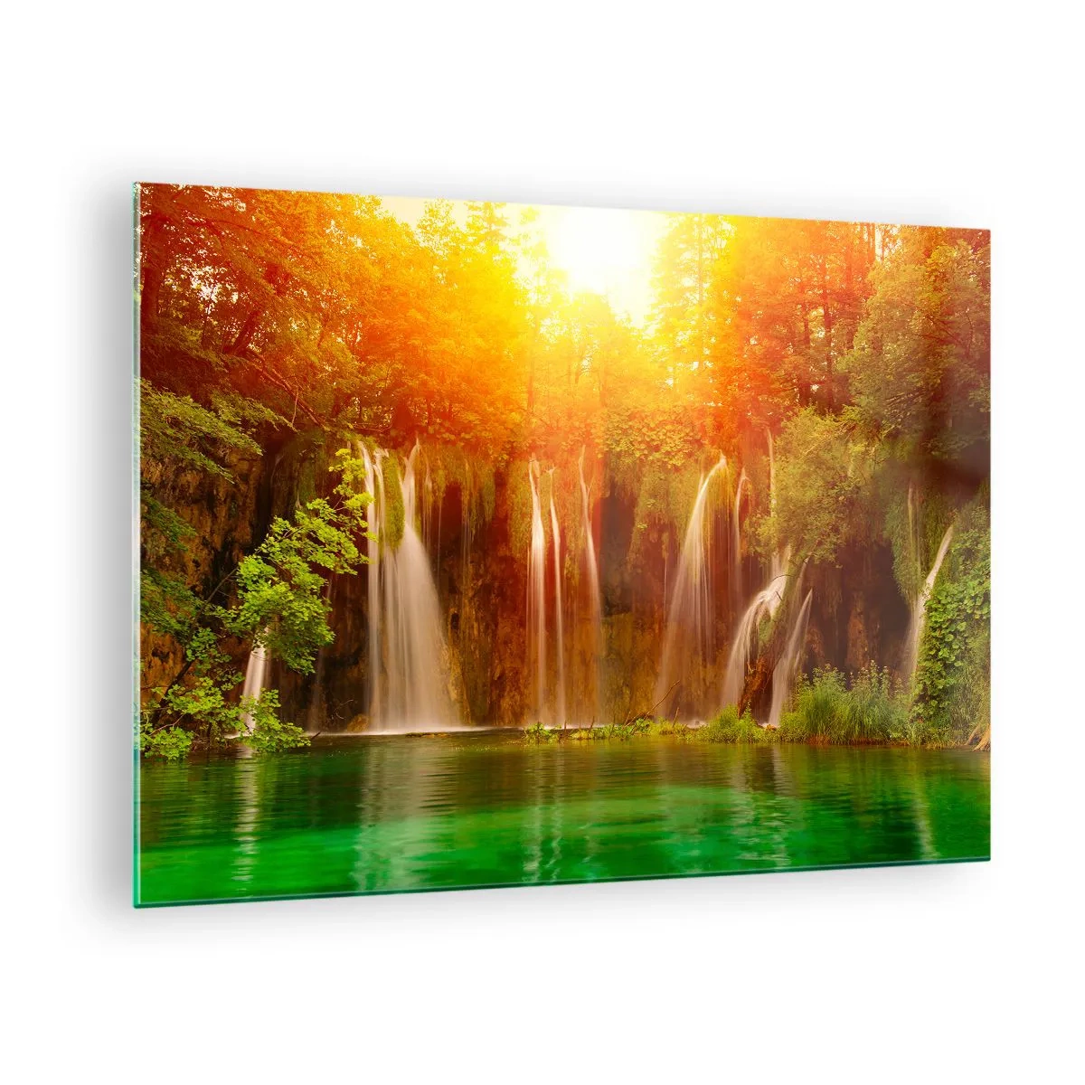 Quadro em vidro - Cachoeiras em uma floresta ensolarada com água azul-turquesa - 70x50cm - Ao sol e à sombra - Decoração de parede moderna para a sala de estar e quarto ARTTOR