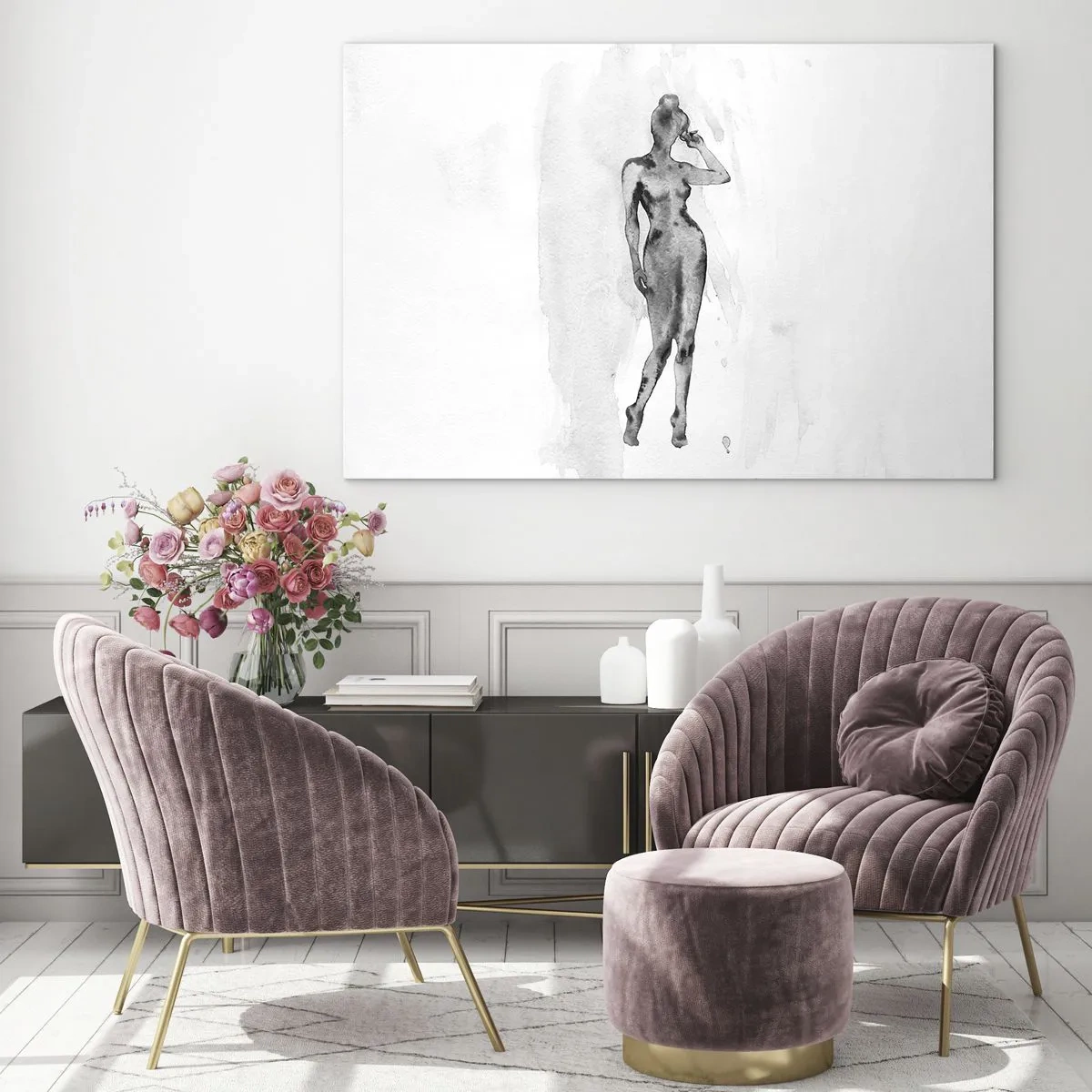 Quadro em vidro - Silhueta de uma mulher em tons de cinza sobre fundo branco - 70x50cm - Um estudo do ideal da feminilidade - Decoração de parede moderna para a sala de estar e quarto ARTTOR