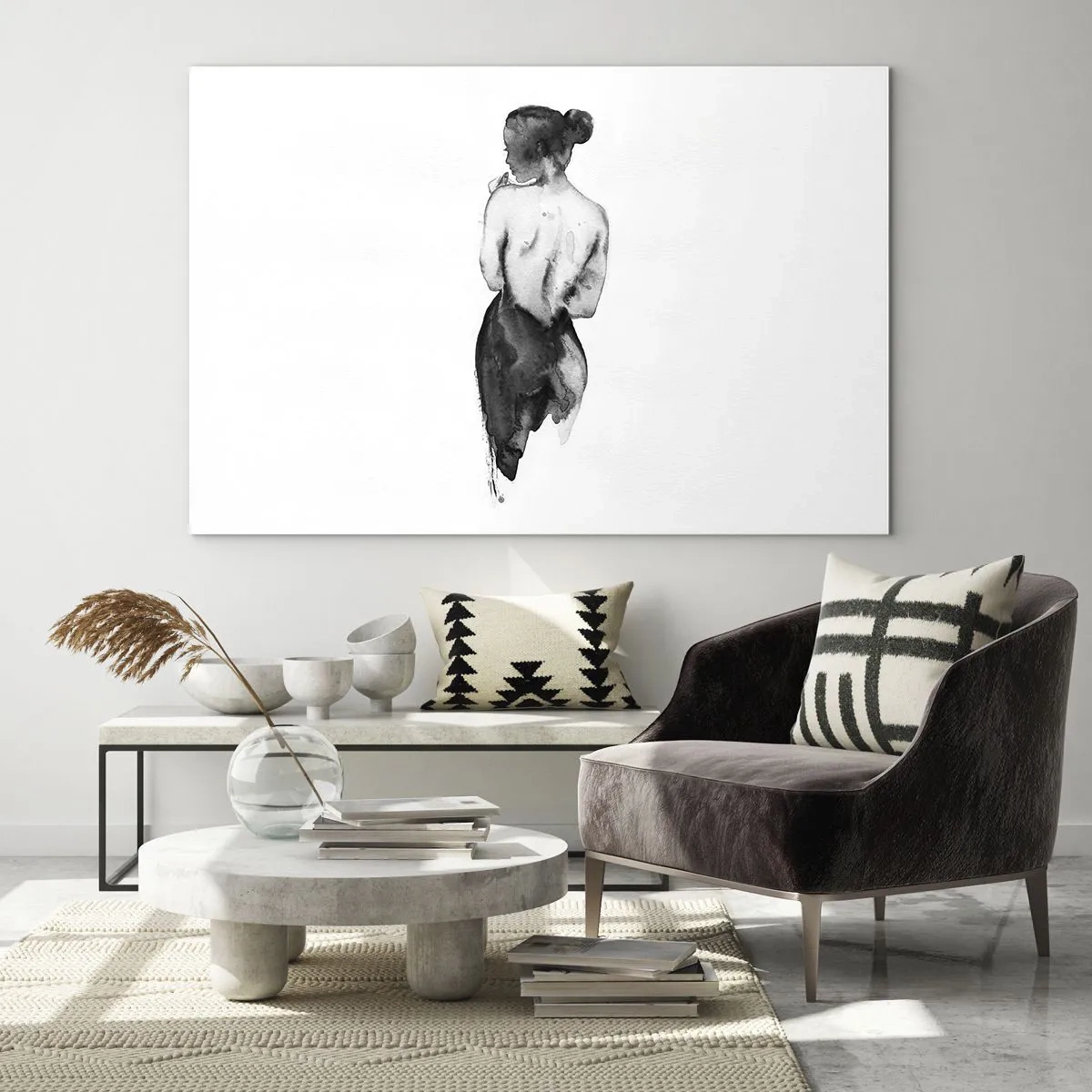 Quadro em vidro - Silhueta preta e branca de uma mulher em estilo aquarela - 70x50cm - Com ela, o mundo desaparece - Decoração de parede moderna para a sala de estar e quarto ARTTOR