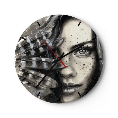 Relógio de parede - Relógio em vidro - Retrato de uma mulher com efeito de pincelada artística - 30x30cm - Beleza selvagem - Decoração de parede moderna para a sala de estar, cozinha e quarto ARTTOR
