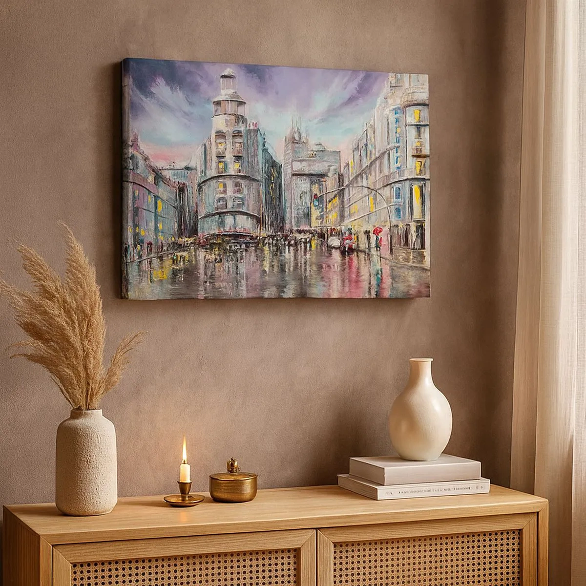 Quadro em tela - Vista noturna da cidade com reflexos na rua molhada - 70x50cm - Será uma noite de sucesso - Decoração de parede moderna para a sala de estar e quarto ARTTOR