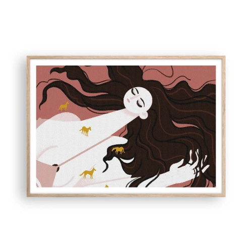 Pôster com moldura de carvalho claro - Sonho com um cavalo dourado - 100x70 cm