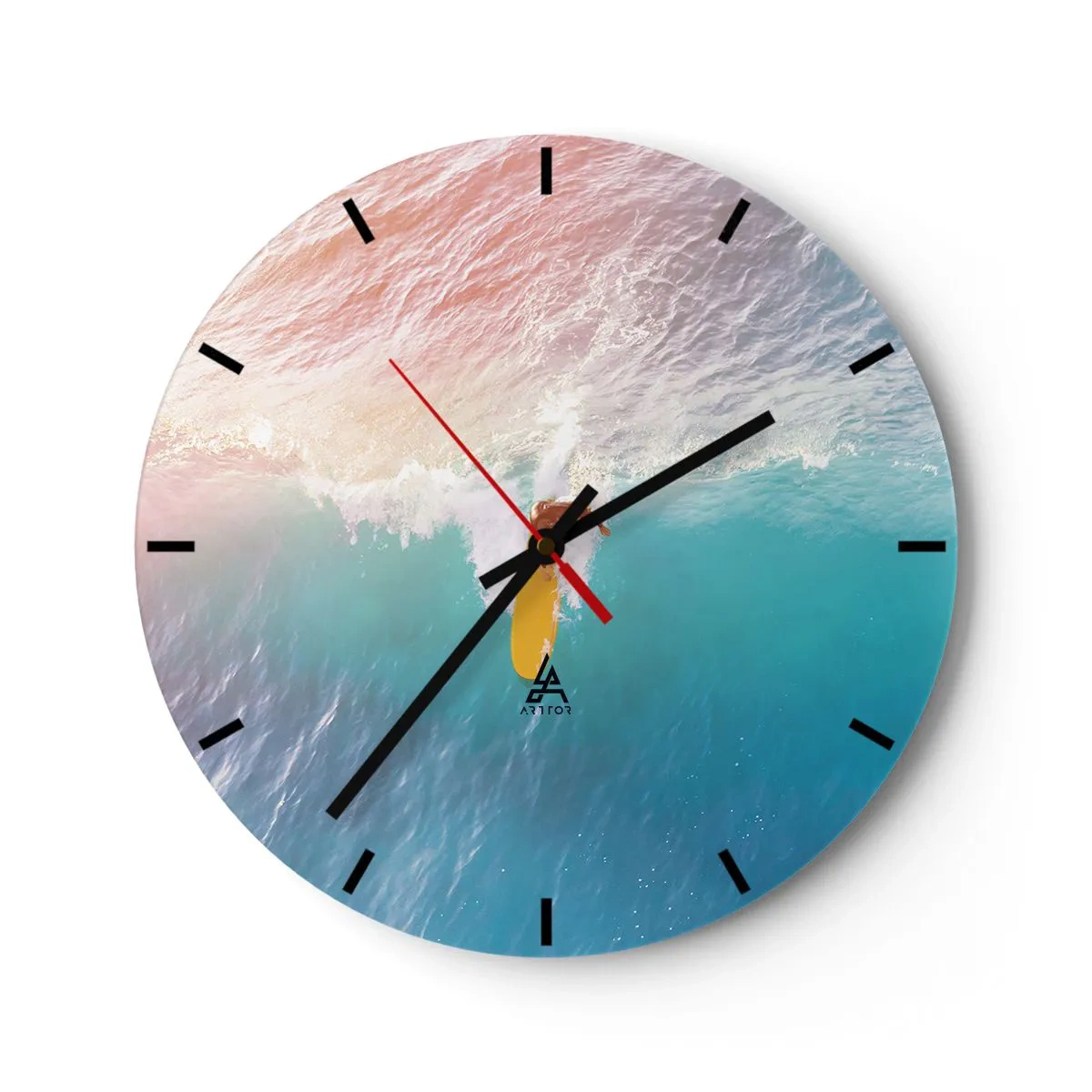 Relógio de parede - Relógio em vidro - Surfista pegando uma onda no oceano turquesa - 30x30cm - Cavaleiro oceânico - Decoração de parede moderna para a sala de estar, cozinha e quarto ARTTOR