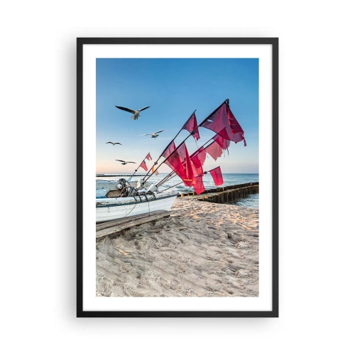 Pôster com moldura preta - Barco de pesca com bandeiras vermelhas na praia - 50x70cm - Um merecido descanso - Decoração de parede moderna para a sala de estar e quarto ARTTOR