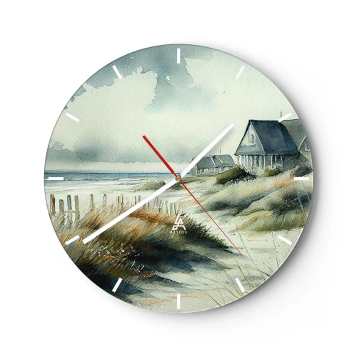 Relógio de parede - Relógio em vidro - Casas de dunas em estilo aquarela em uma praia calma - 30x30cm - Longe da agitação - Decoração de parede moderna para a sala de estar, cozinha e quarto ARTTOR