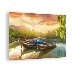 Quadro em vidro - Barcos tradicionais em uma paisagem tropical ao pôr do sol - 70x50cm - Antes de um dia agitado - Decoração de parede moderna para a sala de estar e quarto ARTTOR