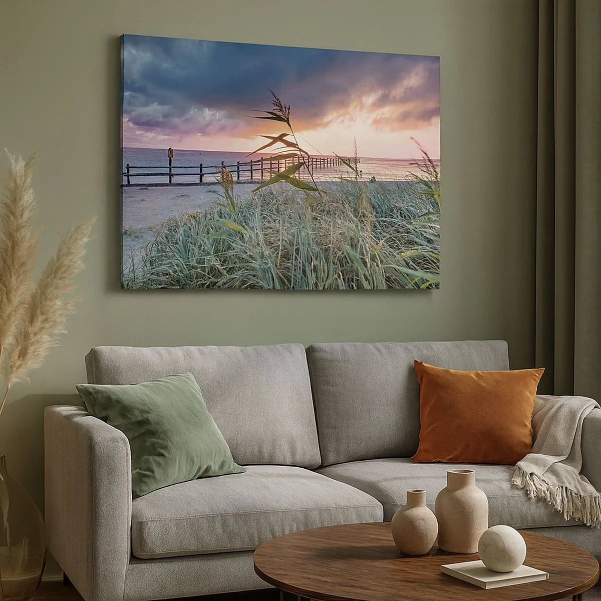 Quadro em tela - Praia ao pôr do sol com grama em primeiro plano - 70x50cm - O vento não leva - Decoração de parede moderna para a sala de estar e quarto ARTTOR