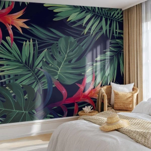 Papel de Parede Premium Canvas - Queimar em verde - Flores, Planta tropical, Folhas de palmeira - 450x315 cm