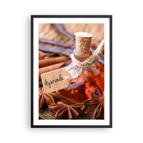 Pôster com moldura preta - Uma garrafa de óleo ayurvédico e especiarias - 50x70cm - Rumo à unidade do corpo e do espírito - Decoração de parede moderna para a sala de estar e quarto ARTTOR