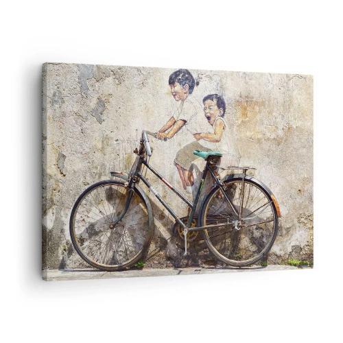 Quadro em tela - Arte de rua com bicicleta e desenhos infantis na parede - 70x50cm - Verdadeiro ou falso? - Decoração de parede moderna para a sala de estar e quarto ARTTOR