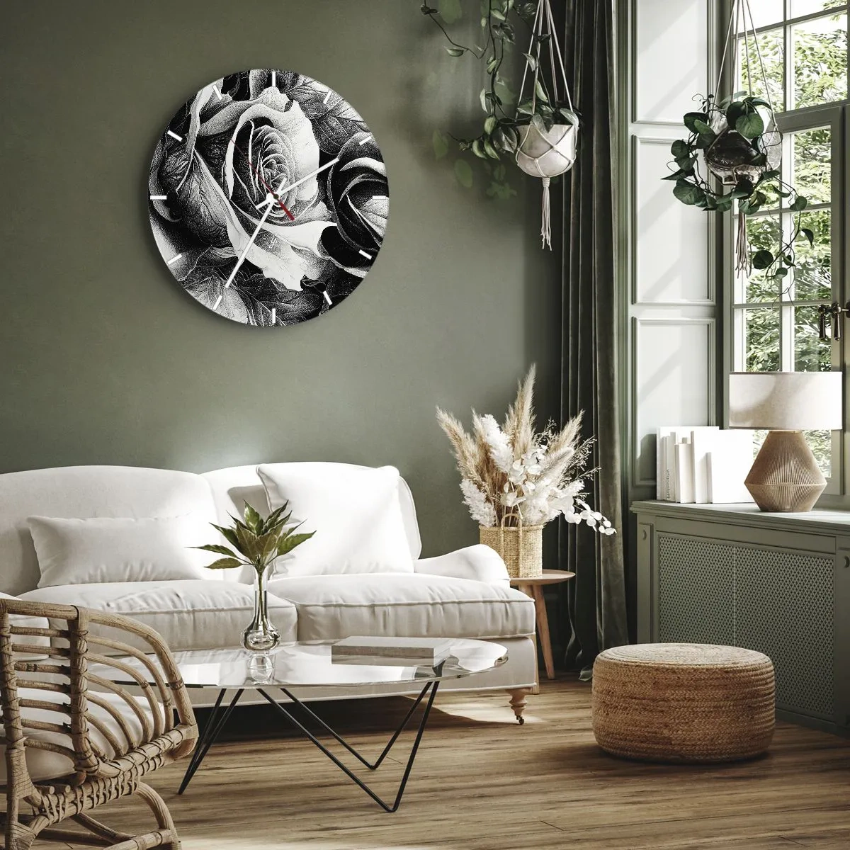 Relógio de parede - Relógio em vidro - Arte de rosa em preto e branco em um estilo de desenho clássico - 30x30cm - Sempre uma rainha - Decoração de parede moderna para a sala de estar, cozinha e quarto ARTTOR