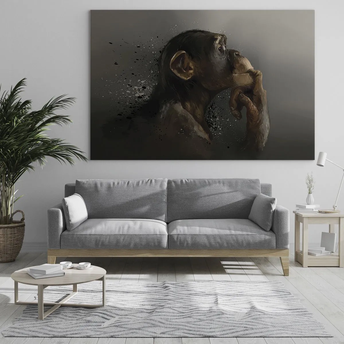 Quadro em vidro - Um macaco pensativo contra um fundo escuro com efeito de respingos - 70x50cm - Certamente um pensador - Decoração de parede moderna para a sala de estar e quarto ARTTOR