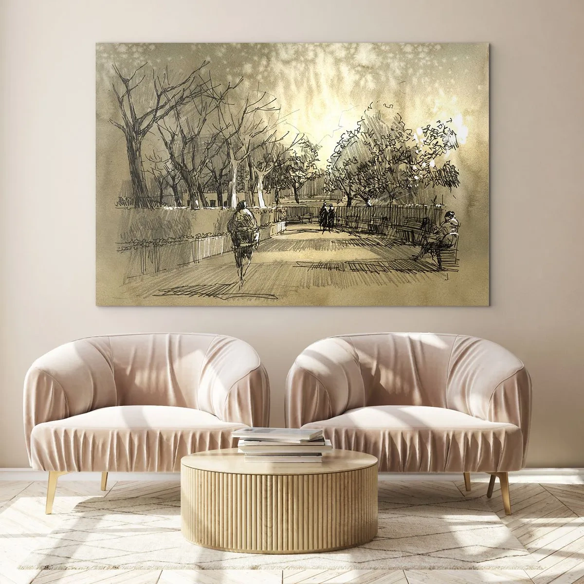 Quadro em vidro - Um desenho de um parque com caminhos e pessoas caminhando - 70x50cm - Um momento capturado por uma pena - Decoração de parede moderna para a sala de estar e quarto ARTTOR