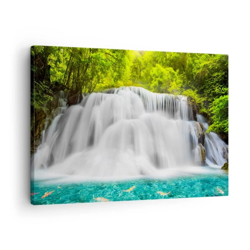 Quadro em tela - Uma cachoeira em uma floresta tropical com água turquesa - 70x50cm - Cascata espumosa do verde ao azul - Decoração de parede moderna para a sala de estar e quarto ARTTOR