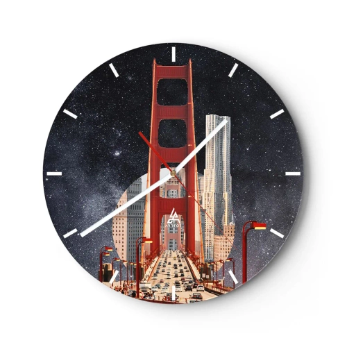 Relógio de parede - Relógio em vidro - A ponte da cidade à luz dos postes de luz contra o fundo do céu estrelado - 30x30cm - Sempre no centro - Decoração de parede moderna para a sala de estar, cozinha e quarto ARTTOR